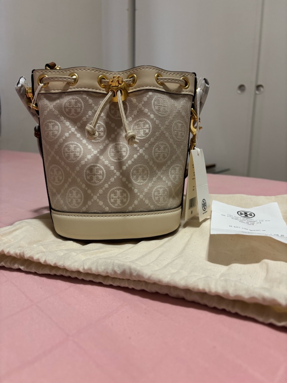 Tory Burch Cream Logo Jacquard Mini Bucket Bag with Gold Hardware